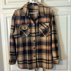 NWOT plaid flannel shirt jacket, shacket navy, orange, tan, brown. sz Medium